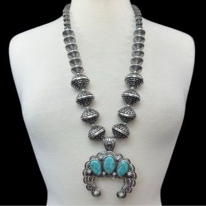 Fashion Jewelry Silver and Turquoise Statement Squash Blossom Necklace